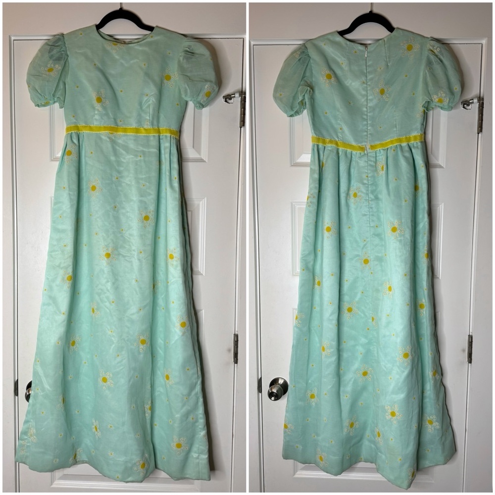 Vintage 60s Maxi Dress with Daisy Embroidery and Sheer Puff Sleeves